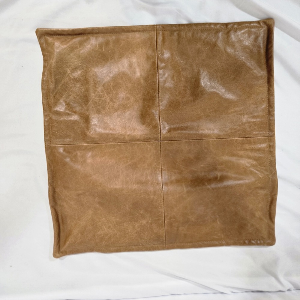 Genuine Leather Pillow Cover 20x20 Cognac Tan Brown Patchwork Square Rustic
